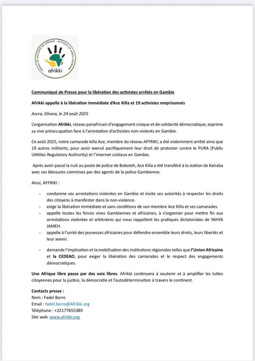 SergioMayamba's tweet photo. Une Afrique libre passe par des voix libres,
Une Afrique libre passe par le respect des droits de l'homme.
#Free #FOLY et des opposants au #Togo
#Free #killaAce et 19 activistes en #Gambi
@AAfrikki @Yenamarre_NTS @_AfricanUnion @AsstSecStateAF https://t.co/rmzazWc58x