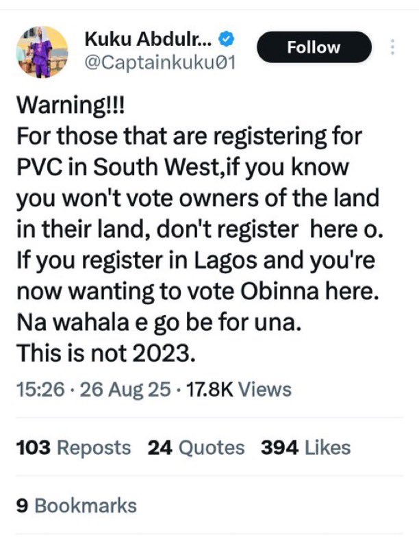 OurFavOnlineDoc's tweet photo. This tweet is from a “special adviser” to a local govt chairman in Lagos state. A govt official is threatening Igbo people with violence.

Dear @PoliceNG
We know you are useless but I will bring this to your notice so you will not lie you didn’t see it.

The APC is a den of terrorists, a mob of criminals and a gang of murderers.