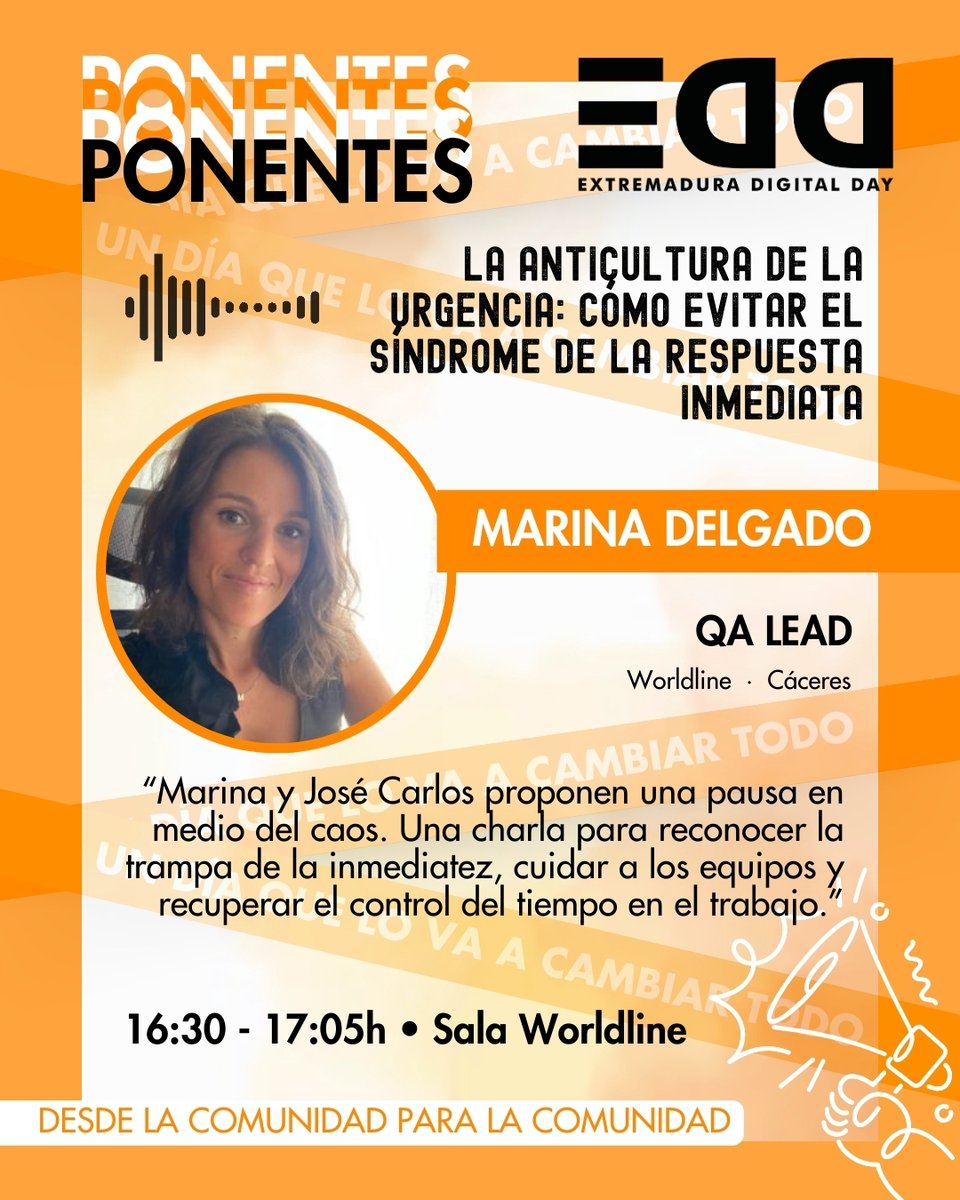 Extremadura Digital Day (@extredigitalday) on Twitter photo ⏳ José Carlos y Marina nos invitan a romper con la cultura de la urgencia.
Una charla para reconectar con lo importante y trabajar sin prisas… pero con sentido.
🗓️ 27 sept · 16:30h
📍 Sala Worldline – #EDD25 #Cáceres
🔗extremaduradigitalday.com/ponente/jose-c…
🔗extremaduradigitalday.com/ponente/marina… ⏳ José Carlos y Marina nos invitan a romper con la cultura de la urgencia.
Una charla para reconectar con lo importante y trabajar sin prisas… pero con sentido.
🗓️ 27 sept · 16:30h
📍 Sala Worldline – #EDD25 #Cáceres
🔗extremaduradigitalday.com/ponente/jose-c…
🔗extremaduradigitalday.com/ponente/marina…
