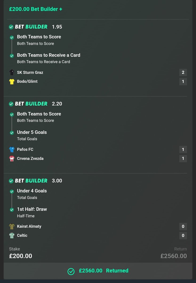 Martin Ritani (@rit3489) on Twitter photo OH MY GUYS SAY NO MORE IT'S A WIN
WHO'S THE GOAT OF LONGSHOTS
I’ll give £250 to TWO lucky winners! To enter:
Like ❤️ & Retweet
Must be following <a href="/rit3489/">Pitch Prophet Tips</a>
Good luck, everyone!
#KairatAlmaty #Celtic #PafosFC #CrvenaZvezda #SKSturmGraz #BodoGlimt
#UCL OH MY GUYS SAY NO MORE IT'S A WIN
WHO'S THE GOAT OF LONGSHOTS
I’ll give £250 to TWO lucky winners! To enter:
Like ❤️ & Retweet
Must be following <a href="/rit3489/">Pitch Prophet Tips</a>
Good luck, everyone!
#KairatAlmaty #Celtic #PafosFC #CrvenaZvezda #SKSturmGraz #BodoGlimt
#UCL