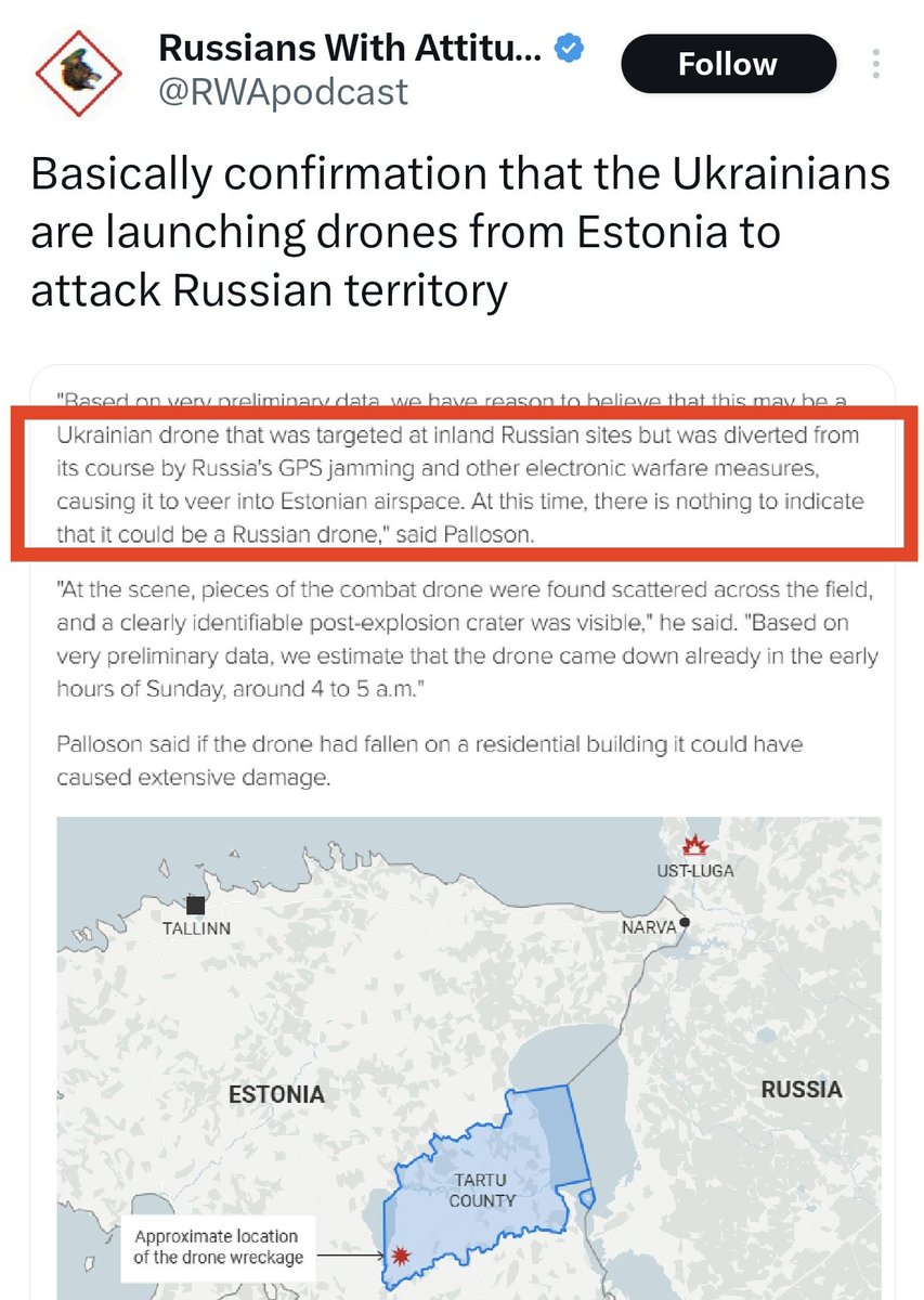He can't read or what's the deal??? It's russian GPS jamming that caused the Ukrainian drone to land in Estonia.