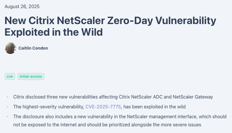 VulnCheckAI's tweet photo. Citrix has disclosed three new vulnerabilities in NetScaler ADC and NetScaler Gateway, including CVE-2025-7775, which is already being exploited in the wild. More from VulnCheck VP of security research Caitlin Condon here: https://t.co/iaXHYzizCC https://t.co/yDxFkc8gB8