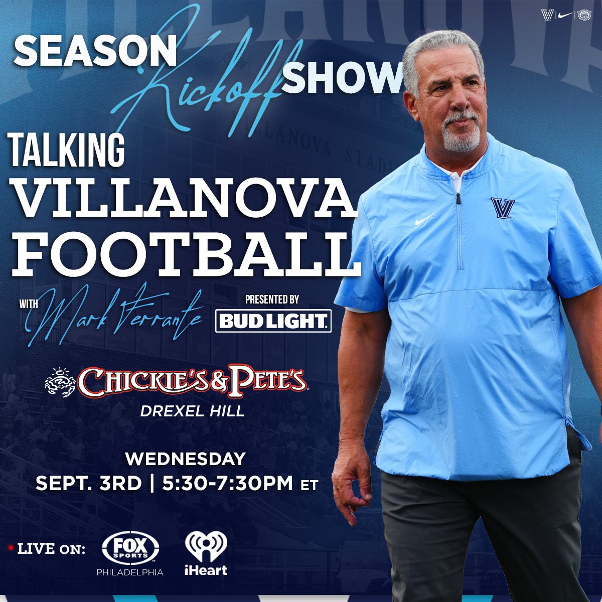 #NovaNation - Talking Villanova Football with <a href="/coachferranteVU/">Mark Ferrante</a> presented by <a href="/budlight/">Bud Light</a> makes its 2025 debut next Wednesday! ✌️ 🏈 

The September 3rd show will feature an extended event time from 5:30-7:30pm at <a href="/ChickiesnPetes/">Chickie's and Pete's</a> in Drexel Hill.

More info: bit.ly/4oTDGrv