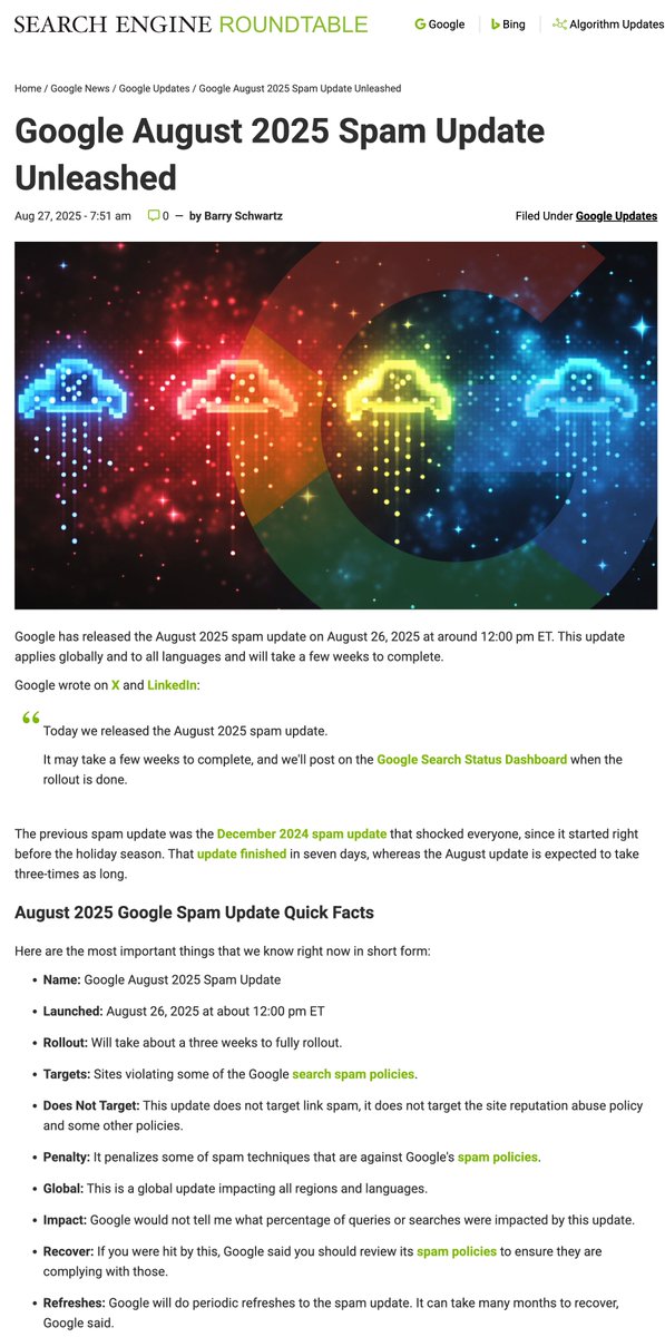 ICYMI: Google August 2025 spam update is rolling out - here is what we know seroundtable.com/google-august-…
