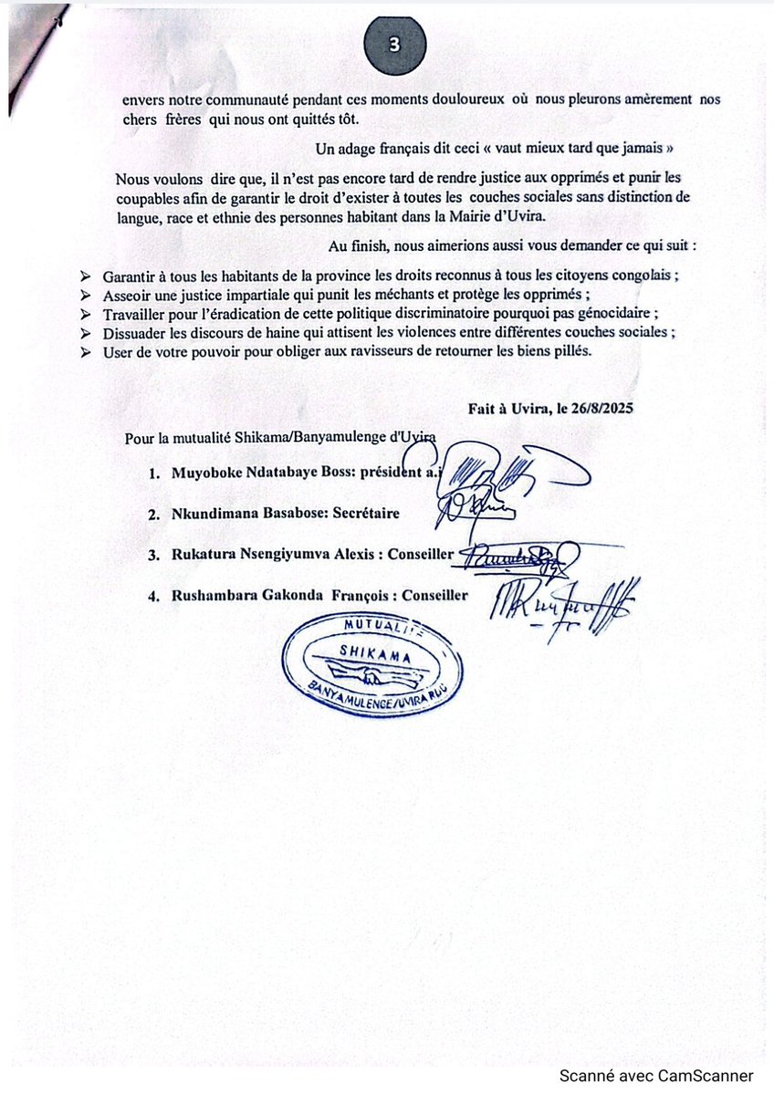 GAKONDO (@gakondo530122) on Twitter photo L réaction des représentants de la communauté Banyamulenge d'Uvira sur les attaques d'hier le 25/08/2025 contre les Banyamulenge. Ils demandent une solution durable <a href="/Presidence_RDC/">Présidence RDC 🇨🇩</a> <a href="/GeneralNeva/">SE Evariste Ndayishimiye</a> <a href="/PatrickMuyaya/">Patrick Muyaya</a> <a href="/Interieur_RDC/">Ministère de l'Intérieur de la R.D Congo</a> <a href="/udps_tshisekedi/">Union pour la Démocratie et le Progrès Social</a> <a href="/USEmbKinshasa/">U.S. Embassy Kinshasa</a> <a href="/US_SrAdvisorAF/">U.S. Senior Advisor for Africa</a> <a href="/UEenRDC/">UE en RDC🇪🇺</a> L réaction des représentants de la communauté Banyamulenge d'Uvira sur les attaques d'hier le 25/08/2025 contre les Banyamulenge. Ils demandent une solution durable <a href="/Presidence_RDC/">Présidence RDC 🇨🇩</a> <a href="/GeneralNeva/">SE Evariste Ndayishimiye</a> <a href="/PatrickMuyaya/">Patrick Muyaya</a> <a href="/Interieur_RDC/">Ministère de l'Intérieur de la R.D Congo</a> <a href="/udps_tshisekedi/">Union pour la Démocratie et le Progrès Social</a> <a href="/USEmbKinshasa/">U.S. Embassy Kinshasa</a> <a href="/US_SrAdvisorAF/">U.S. Senior Advisor for Africa</a> <a href="/UEenRDC/">UE en RDC🇪🇺</a>