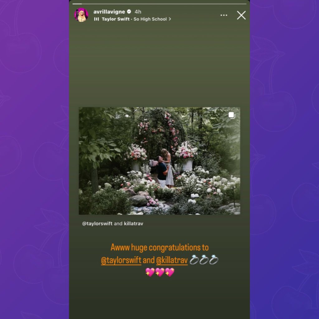 Pop Base (@popbase) on Twitter photo Avril Lavigne reposts Taylor Swift and Travis Kelce’s engagement:
“Aww huge congratulations to <a href="/taylorswift13/">Taylor Swift</a> and <a href="/tkelce/">Travis Kelce</a> 💍💍💍💖💖💖” Avril Lavigne reposts Taylor Swift and Travis Kelce’s engagement:
“Aww huge congratulations to <a href="/taylorswift13/">Taylor Swift</a> and <a href="/tkelce/">Travis Kelce</a> 💍💍💍💖💖💖”