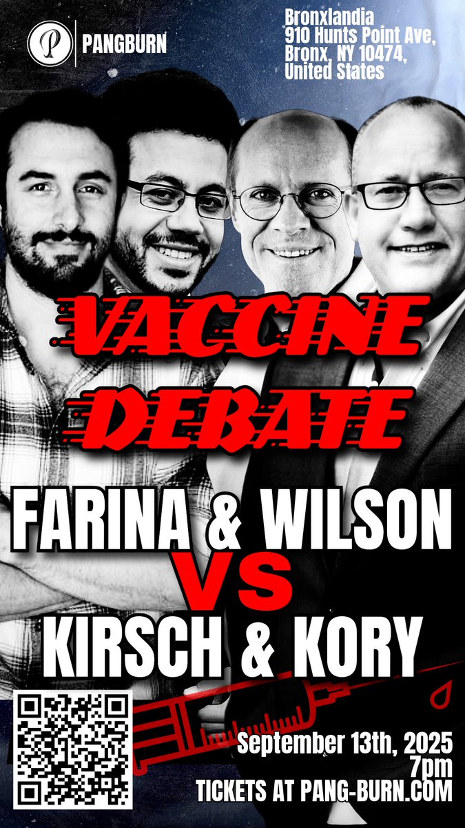 VacSafety's tweet image. 🔥 RUMBLE IN THE BRONX, September 13th! 🔥
Steve Kirsch &amp; Dr. Pierre Kory face off against Debunk the Funk’s Dr. Dan Wilson &amp; Dave Farina in a no-holds-barred VACCINE debate. Get your seat and come support Kirsch and Kory! Tickets are $49
📍 Venue: Bronxlandia — chosen by…