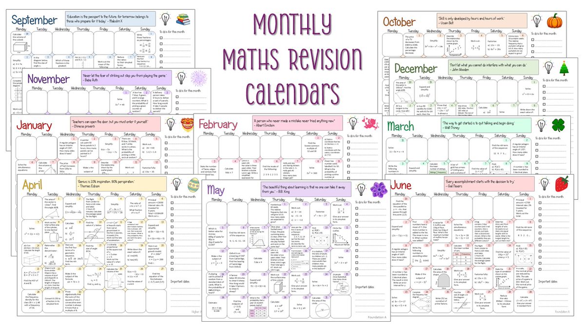 📆Monthly revision calendars 📅
Our monthly revision calendars are ready to download for the 2025-2026 academic year!
Provide students with the resources to complete a daily dose of maths.
Available in 4 different difficultly levels; Foundation B, Foundation A, Higher B and