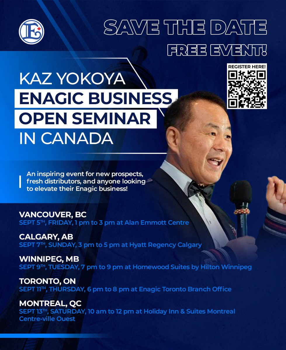 We’re excited to welcome Enagic Corporate Global Trainer, Kaz Yokoya, to Canada this September! 🙌

✨ Don’t miss the opportunity to gain powerful insights, motivation, and energy directly from Kaz!

👉 Register now to secure your spot: forms.office.com/pages/response…