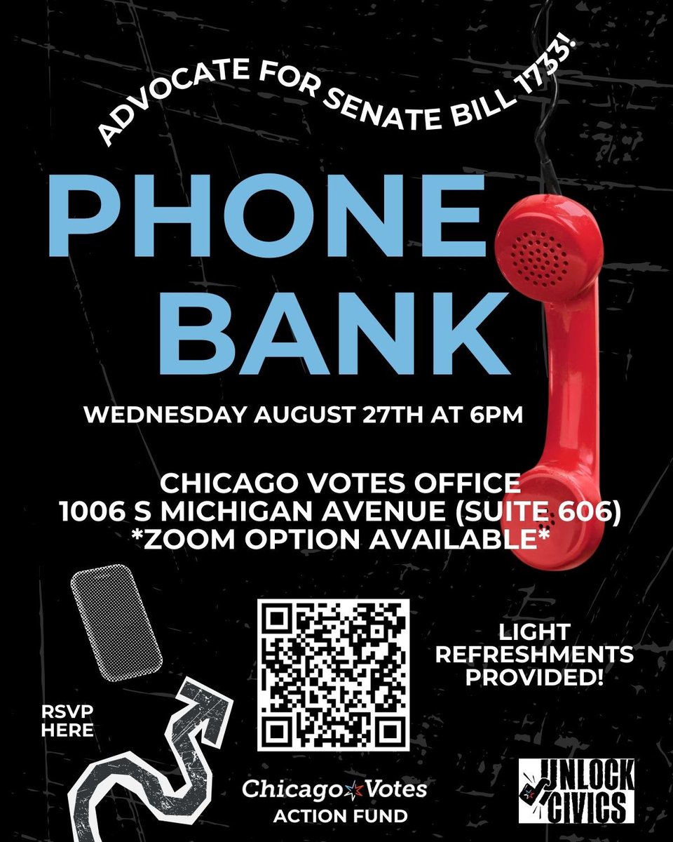 Join the Unlock Civics Coalition for a Senior Phone Bank on Wednesday, August 27, at 6 PM. Phone bank with us to mobilize seniors in Senator Don Harmon’s district to take action for the RACE Act. Sign up at the QR code.
