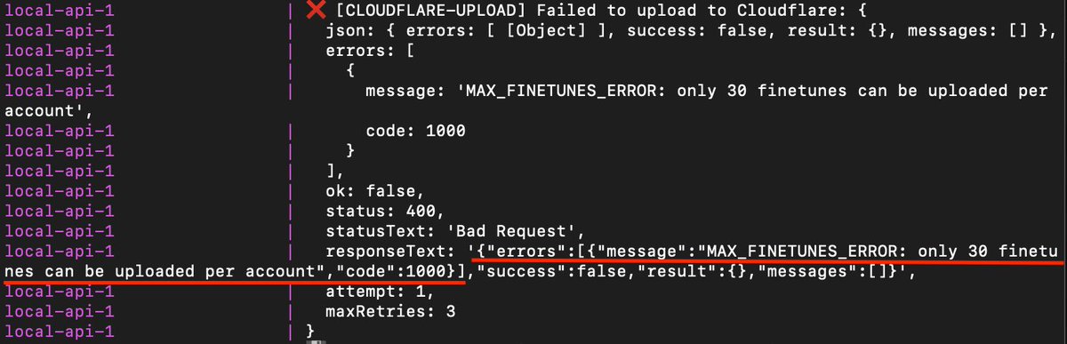 Does nobody else want to offer fine-tuning to their customers on <a href="/Cloudflare/">Cloudflare</a>? That’s too bad. 

You can only create 30 fine-tunes per account but then you can’t delete them either. 🙃

community.cloudflare.com/t/manage-ai-fi…