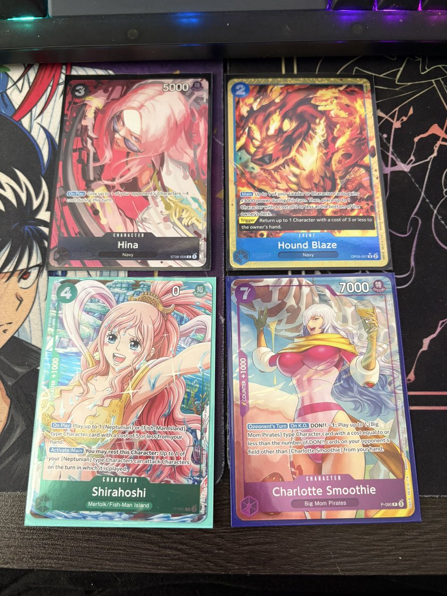 Some op cards

Fs/ft

Hina-$14 pwe
Hound blaze-$55 bmwt
Shirahoshi-$60 bmwt
Smoothie- $28 bmwt $24 pwe