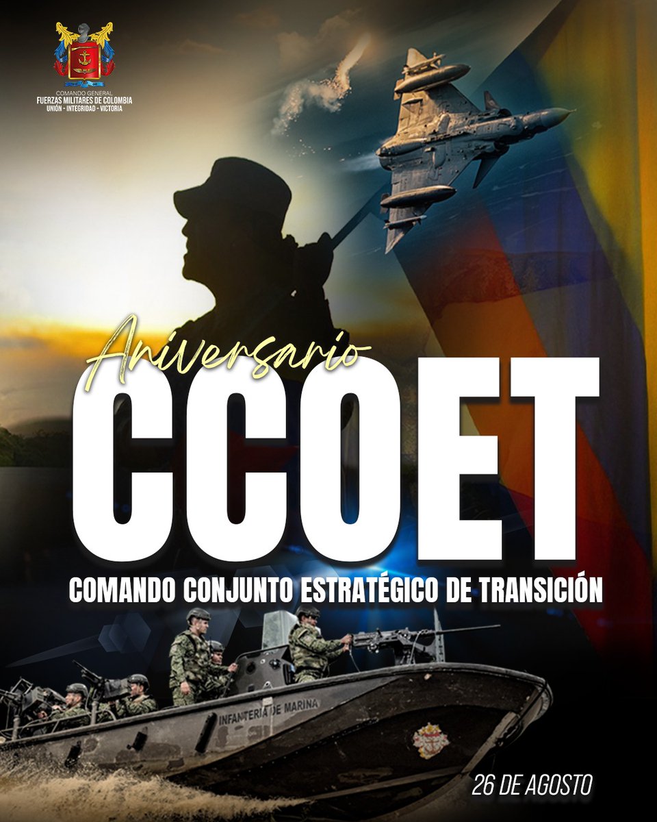 Al conmemorar 11 de años de nuestro <a href="/CCOETFFMM/">CCOET Comando Conjunto Estratégico de Transición</a>, los soldados, marinos y aviadores exaltamos su dedicada labor y aporte para la búsqueda de paz, construcción de memoria histórica, preservación de la legitimidad y seguridad jurídica para las #FuerzasMilCol.