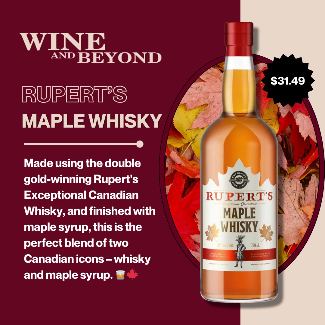 Maple meets whisky. 🍁🥃 Rupert’s Maple Whisky blends award-winning Canadian whisky with real maple syrup. Smooth, sweet, 35% ABV—perfect over ice or in cocktails.