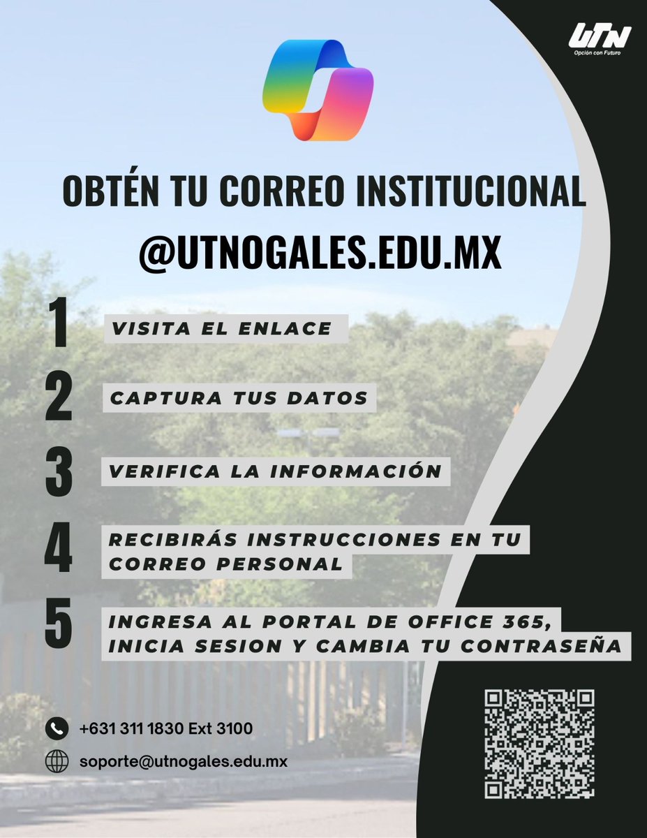 📷 ¡Atención Comunidad Estudiantil de UTN! 📷
Ya puedes obtener tu correo institucional <a href="/utnogales/">utnogales</a>.edu.mx siguiendo estos sencillos pasos:
📷 Visita el siguiente enlace forms.cloud.microsoft/r/aMe969PFgu   o escanea el QR. 
Para más información  consulta el siguiente flyer.