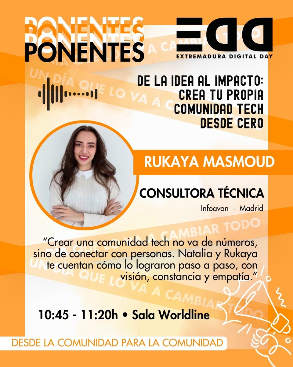 Extremadura Digital Day (@extredigitalday) on Twitter photo 👥 En #EDD25, Natalia & Rukaya cuentan cómo crear una comunidad tech desde cero.
No hacen falta miles de seguidores: basta visión, constancia y empatía.
🗓️ 27 sept · 10:45h
📍 Sala Worldline – #Cáceres
🔗 Natalia: extremaduradigitalday.com/ponente/natali…
🔗 Rukaya: extremaduradigitalday.com/ponente/rukaya… 👥 En #EDD25, Natalia & Rukaya cuentan cómo crear una comunidad tech desde cero.
No hacen falta miles de seguidores: basta visión, constancia y empatía.
🗓️ 27 sept · 10:45h
📍 Sala Worldline – #Cáceres
🔗 Natalia: extremaduradigitalday.com/ponente/natali…
🔗 Rukaya: extremaduradigitalday.com/ponente/rukaya…