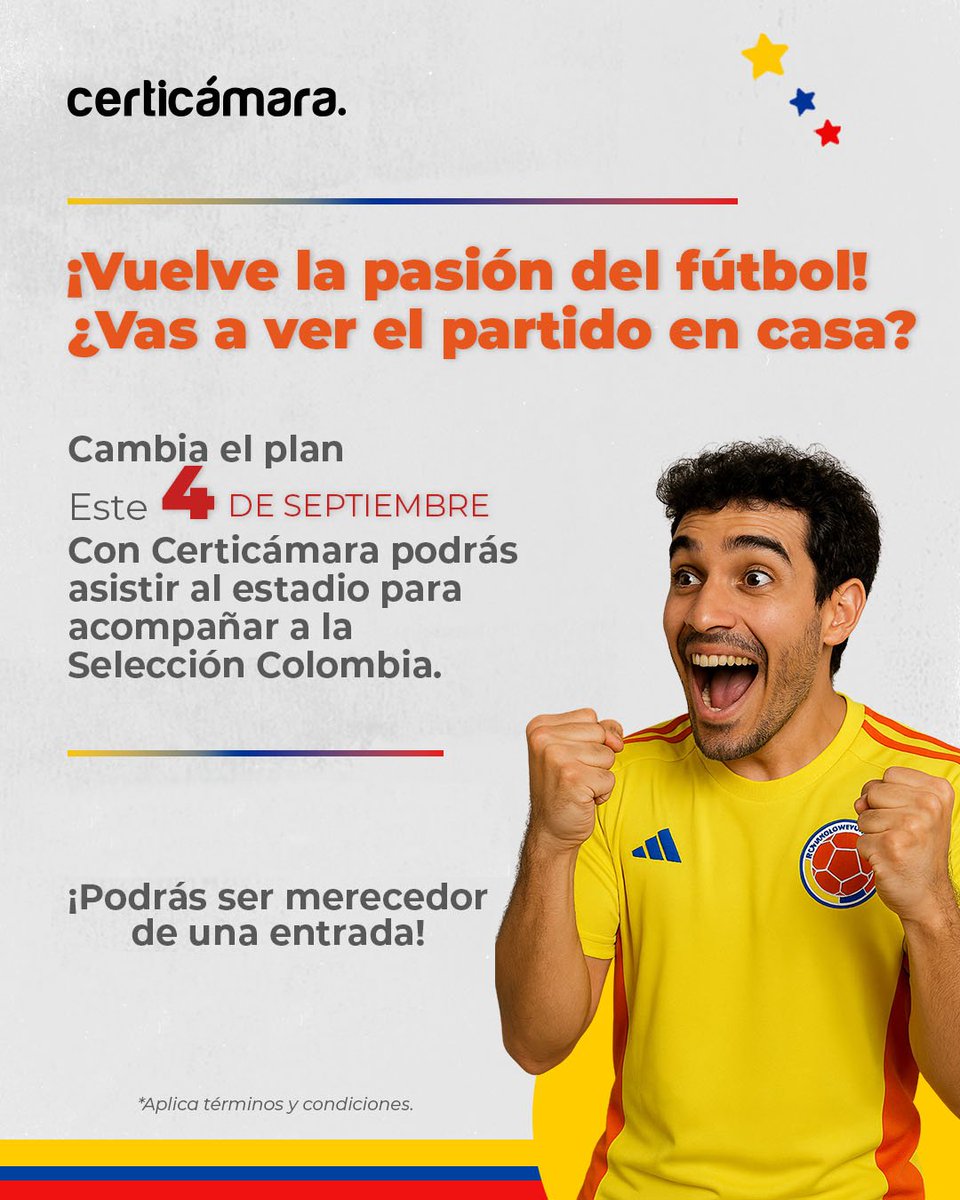 🎉¡Nada se compara con vivir la pasión del fútbol desde la tribuna! 

Hazlo realidad este 4 de septiembre con Certicámara y acompaña a la Selección Colombia en Barranquilla. 

¡Ingresa aquí! 👉acortar.link/cbKOCz

*Términos y condiciones: web.certicamara.com/terminos-y-con…