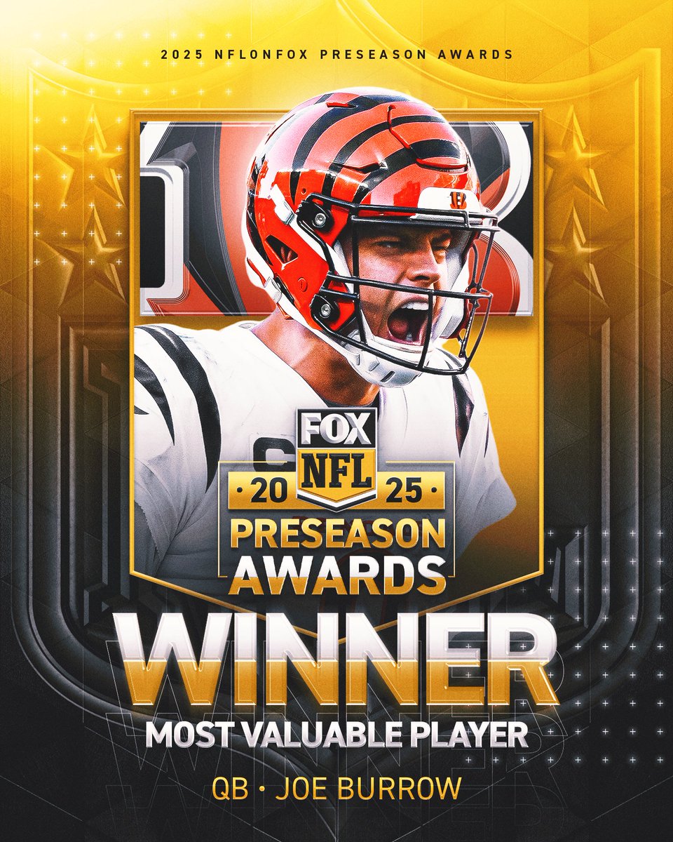 FOX Sports: NFL (@nflonfox) on Twitter photo Your 2025 preseason MVP is <a href="/Bengals/">Cincinnati Bengals</a> QB <a href="/JoeyB/">Joey Burrow</a>, as voted on by NFLonFOX fans! 🐅🏆 Your 2025 preseason MVP is <a href="/Bengals/">Cincinnati Bengals</a> QB <a href="/JoeyB/">Joey Burrow</a>, as voted on by NFLonFOX fans! 🐅🏆