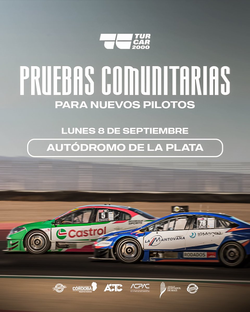 PRUEBAS COMUNITARIAS PARA NUEVOS PILOTOS 🏁

El Turismo Carretera 2000 realizará el lunes 8 de septiembre una jornada de Pruebas Comunitarias para nuevos pilotos en el Autódromo Roberto Mouras de La Plata.  
Para más info: pruebascomunitariasturcar2000@gmail.com 📩

📸 <a href="/agenciava/">Agencia VA</a>