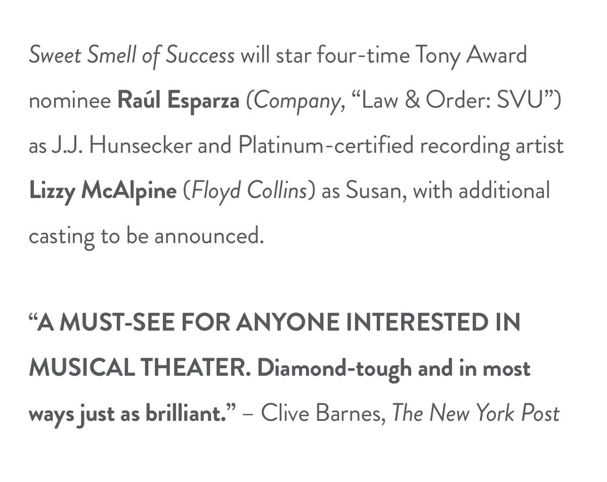 <a href="/RaulEEsparza/">Raúl E. Esparza</a> will join Lizzy McAlpine in “Sweet Smell of Success” for a small 3-day-run at the Lincoln Center’s Rose Hall ✨ 
Tickets go on sale on early September. Don’t miss it! 

&gt; mastervoices.org/events/sweet-s…