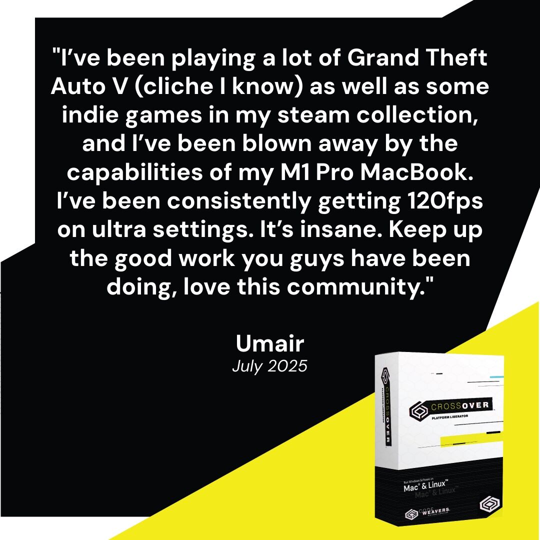 CodeWeavers's tweet image. GTA V at 120fps ultra on a Mac! Macs were never meant to game like this, but here we are, CrossOver doing what it does best. Breaking rules and loving it. Free Trial Here: bit.ly/3JHw2QJ
#crossover #codeweavers #gtav #macgaming #apple #mac #gameonmac