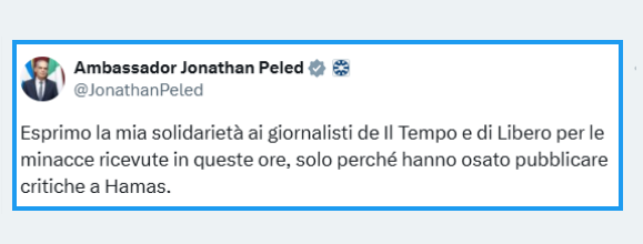 un girovago (@ugirovago77000) on Twitter photo L'ambasciatore Israeliano in Italia <a href="/JonathanPeled/">Ambassador Jonathan Peled</a>
Esprime la solidarietà ai giornalisti Cerno e Capezzone
ma non ha trovato il tempo per la solidarietà ai
famigliari dei 5 Giornalisti trucidati dal suo governo infame.
Complimenti Ambasciatore📌📌📌📌 L'ambasciatore Israeliano in Italia <a href="/JonathanPeled/">Ambassador Jonathan Peled</a>
Esprime la solidarietà ai giornalisti Cerno e Capezzone
ma non ha trovato il tempo per la solidarietà ai
famigliari dei 5 Giornalisti trucidati dal suo governo infame.
Complimenti Ambasciatore📌📌📌📌