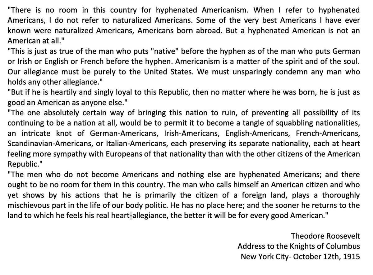Charles Murray (@charlesmurray) on Twitter photo I have loved Teddy Roosevelt's declamation on immigrants and immigration for many years, but now is a good time for his eloquence to be more widely known. I will also specify that I agree with both the third paragraph and the final paragraph. I have loved Teddy Roosevelt's declamation on immigrants and immigration for many years, but now is a good time for his eloquence to be more widely known. I will also specify that I agree with both the third paragraph and the final paragraph.