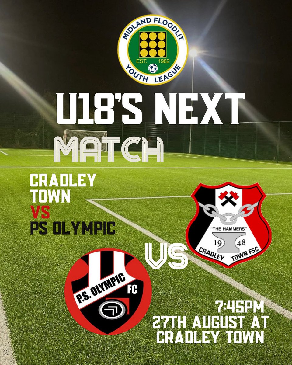 ⚽ Midland Floodlit Youth League – U18’s Next Match

🔥 Cradley Town vs PS Olympic FC
📅 Wednesday 27th August
⏰ 7:45 PM
📍 Cradley Town FC, Beeches View

Who’s taking the win? 🏆💪 #U18Football #CradleyTownFC