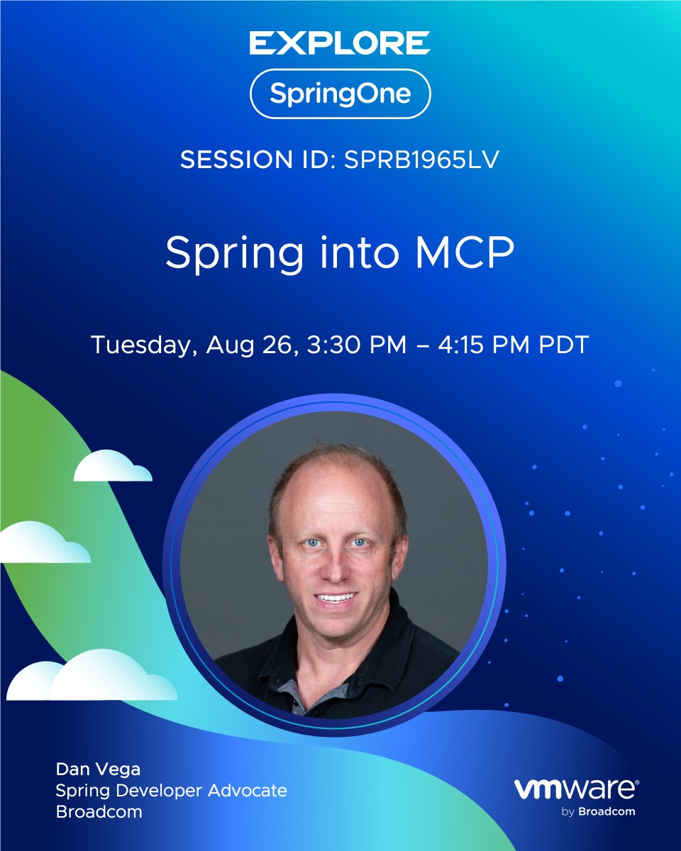 SpringOne's tweet image. Hey Spring devs! Dive into the future of #AI and app development at #VMwareExplore with @therealdanvega. Learn how the Model Context Protocol (MCP) is standardizing AI integration. Get ready for live coding, practical insights, & boosting your AI workflow! brcm.tech/4lPrYeR