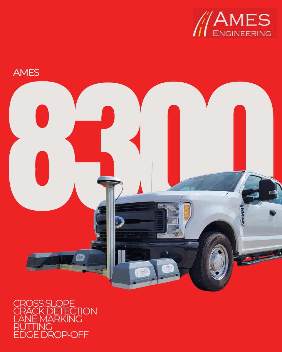 AmesEngineering's tweet image. The #Ames8300 is available with the Ames 3D System, which can measure a multitude of pavement conditions, including, but not limited to, cross slope, crack detection, lane marking, rutting, and edge drop-off.
#AmesEngineering