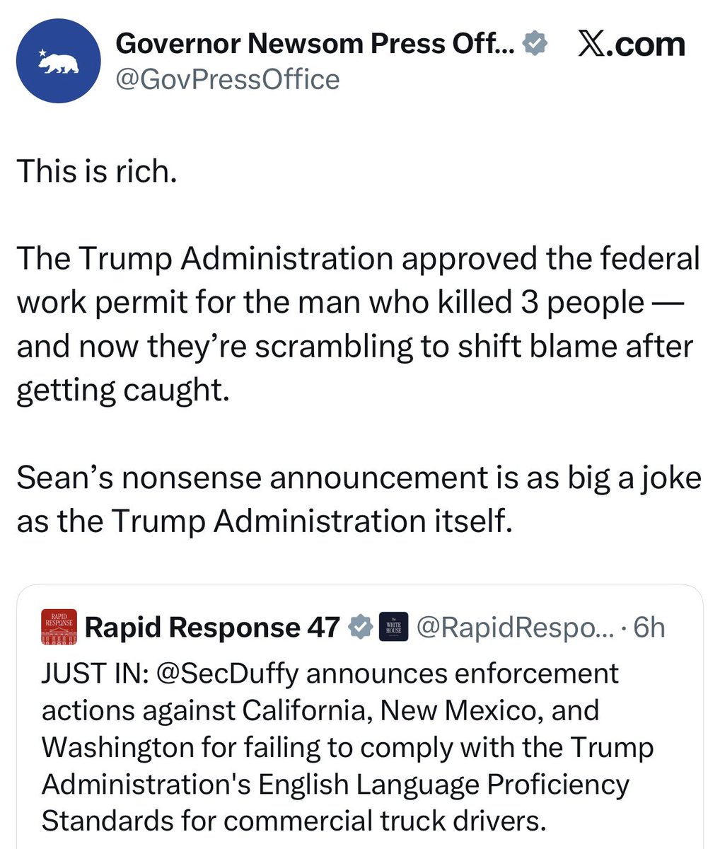 Newscum is just straight up lying.

The Trump admin DENIED the illegal truck driver’s work permit and then the Biden admin APPROVED it.

He also got his CDL in Newscum’s California.