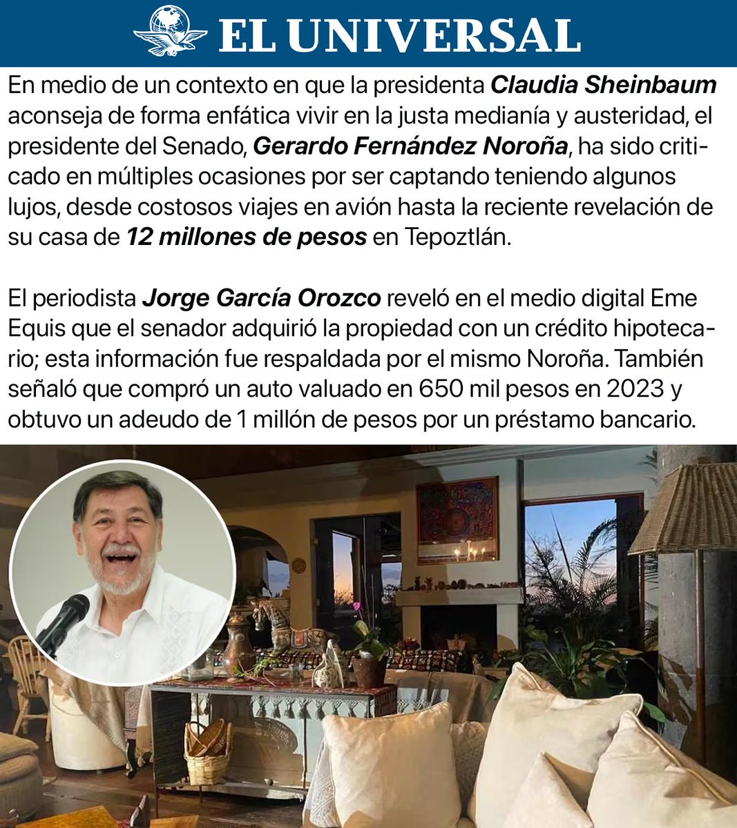 Noroña pasó de NO querer pagar el IVA de un Boing de mango a comprar una casa de 12 millones de pesos
No cabe duda que MORENA si está combatiendo la pobreza, aunque sea de unos cuantos😏