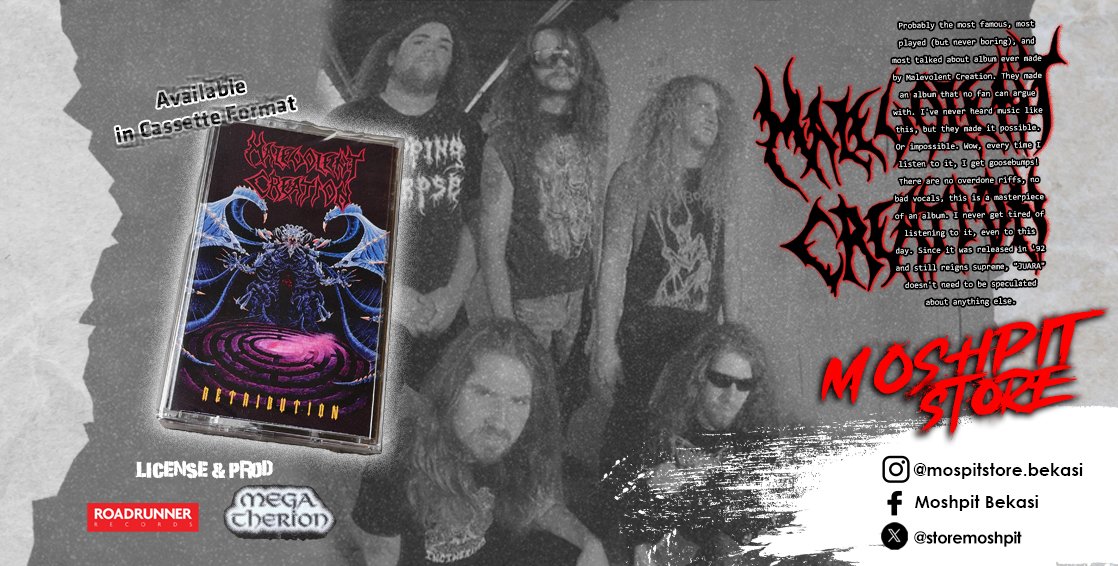Cassette
Band : Malevolent Creation
Album : Retribution
P+C : Roadrunner Rec 1992 / 2024 Mega Therion 
Condition : New Seal.
For order please WhatsApp or visit our store.