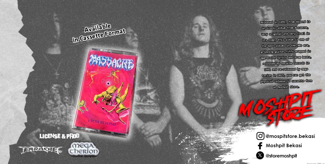 Cassette
Band : Massacre
Album : From Beyond
P+C : 1991 Massacre / 2025 Mega Therion 
Condition : New Seal.
For order please WhatsApp or visit our store.