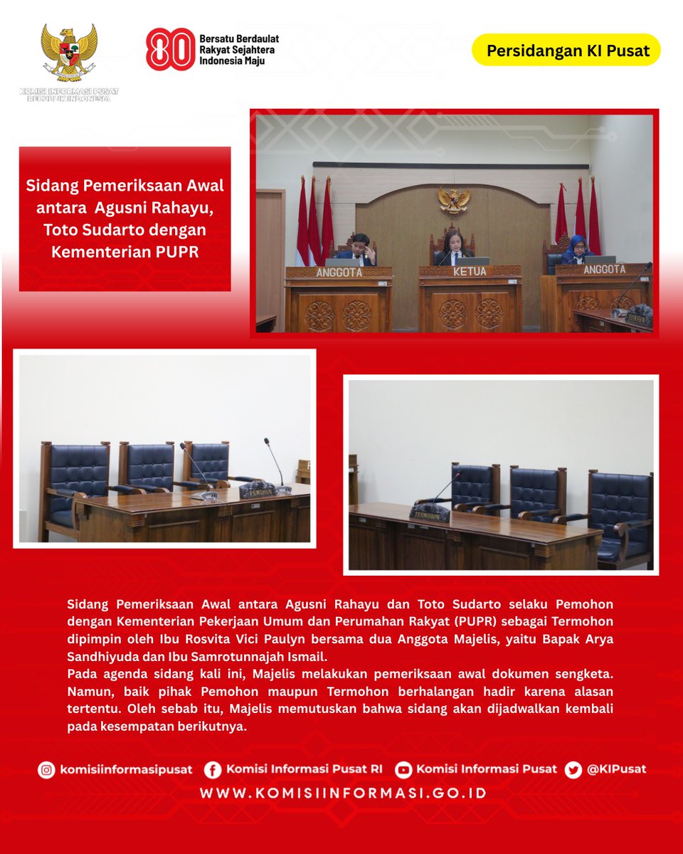 Komisi Informasi Pusat RI (@kipusat) on Twitter photo Sidang Pemeriksaan Awal antara Pemohon Dr. Anita SM dengan Termohon Kementerian Keuangan RI (Ditjen Kekayaan Negara) pada tanggal 25 Agustus 2025 dengan agenda Pemeriksaan Awal. 
#SidangSengketa
#InformasiPublik
#KIPusat
#HakAndaUntukTahu Sidang Pemeriksaan Awal antara Pemohon Dr. Anita SM dengan Termohon Kementerian Keuangan RI (Ditjen Kekayaan Negara) pada tanggal 25 Agustus 2025 dengan agenda Pemeriksaan Awal. 
#SidangSengketa
#InformasiPublik
#KIPusat
#HakAndaUntukTahu