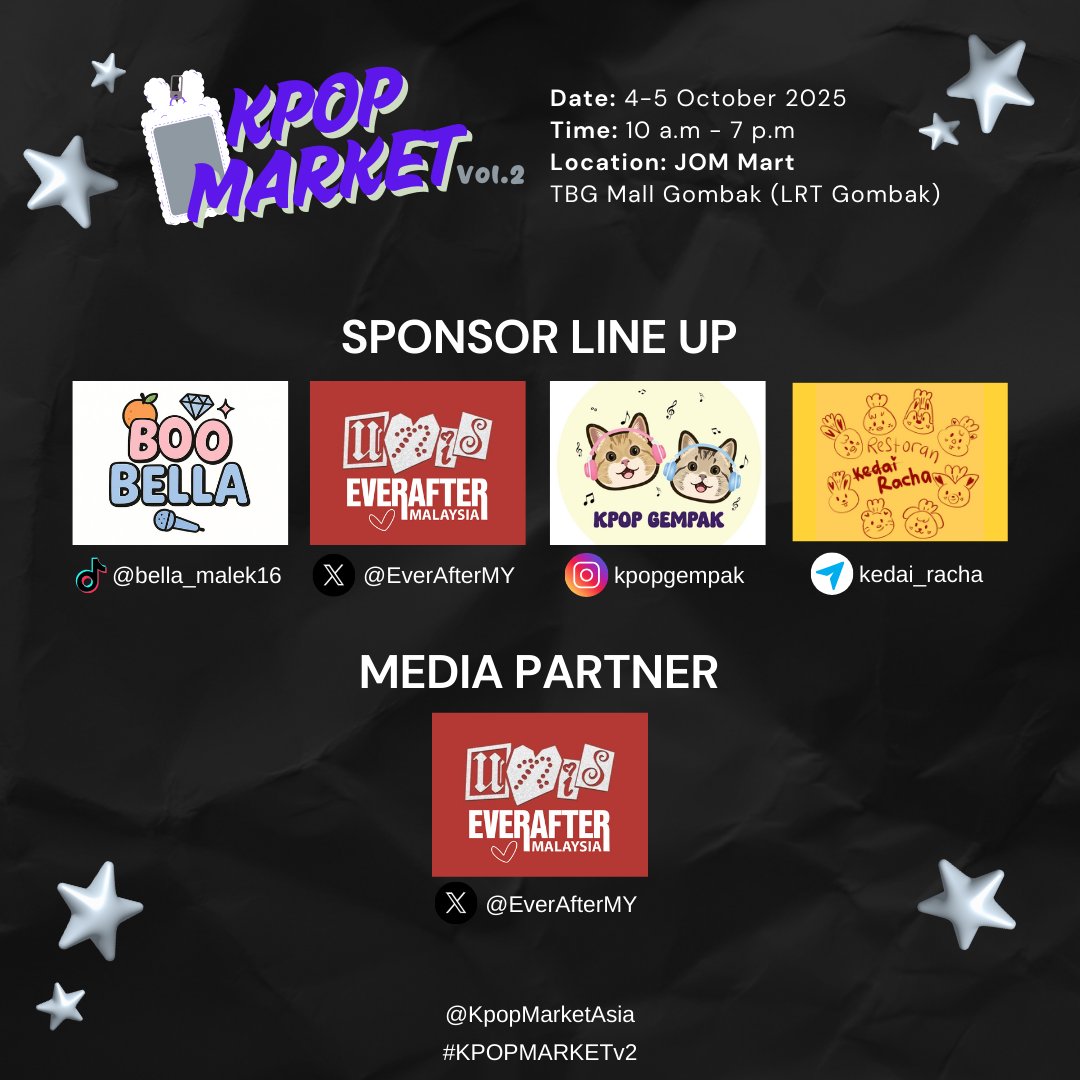 KpopMarketAsia's tweet photo. Introducing sponsors for #KPOPMARKETv2
Please welcome sponsors invaluable contribution 🙌
BOO Bella: https://t.co/rIWKfsRJAj
EverAfterMY: @EverAfterMY
Kpop Gempak: https://t.co/3XJrzEkunI
Kedai Racha: https://t.co/OI1Mxpq0W3
We are proud to have them as a partner 🙌 https://t.co/bydaNCys2F