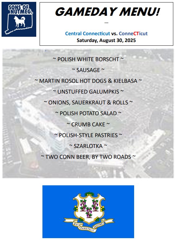 MarcjzHARTFORD's tweet image. 4 more sleeps, and the MENU is here! Saturdays in Connecticut, are back, with the award-winning @SonsOfNutmeg tailgate outside Gate C! Join us! @UConnFootball @PWStadium @KSOB9188 @mkabs320 #HuskiesOverEveryone #BlockC 🏈