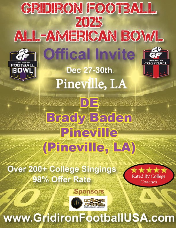 Thank you <a href="/GridironFootbal/">Gridiron Football®</a> and <a href="/JaceLejeune/">Jace LeJeune</a> for inviting me to come compete in the 2025 Gridiron Football All-American Bowl! 

<a href="/CoachCharles19/">Pineville High School Football</a> <a href="/RecruitLouisian/">Recruit Louisiana™️</a> <a href="/PrepRedzoneLA/">Prep Redzone Louisiana</a> <a href="/CenLaPrepsLLC/">Cenla Preps</a> <a href="/CSAPrepStar/">PREPSTAR</a> <a href="/b_hoss_mac/">Bret H. McCormick</a> <a href="/harrisonvapnek/">Harrison Vapnek</a> <a href="/lamargafford/">LaMar Gafford</a> <a href="/247recruiting/">247Sports Recruiting</a>