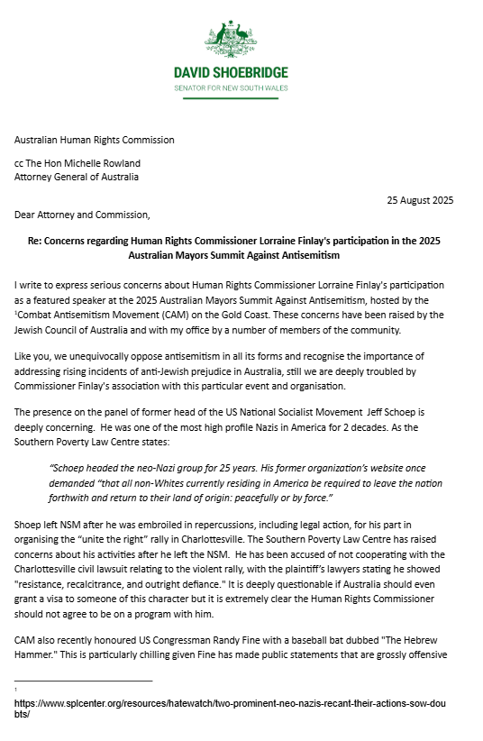 DavidShoebridge's tweet photo. I've written to the Australian Human Rights Commission and Attorney General raising serious concerns about Commissioner Lorraine Finlay joining the Gold Coast ‘Mayors Anti-Semitism summit’. You can't fight hate by standing on a platform with hate. https://t.co/D8LXFKj1rQ