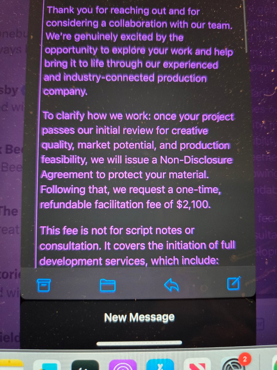 BEWARE! Got a scammy mass DM from a producer (w/credits) that his co wants to work w/me. For fun I asked his fee: "No charge for development". Really? Writers sent me prodco's spiel. Catch? Read it urself. Legit? Ha! "Refundable facilitator fee of $2100". Peter Loehr/Imar Film Co