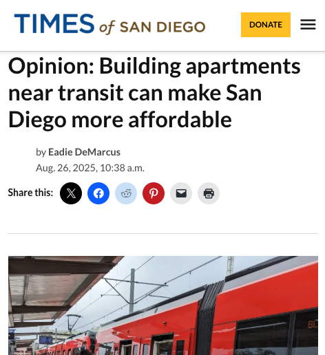 SB 79's plan to allow more housing near transit tackles San Diego's affordability crisis. 

Building apartments near trolley stops cuts commute costs and housing pressure.

Read the latest from our Vice President 🔗