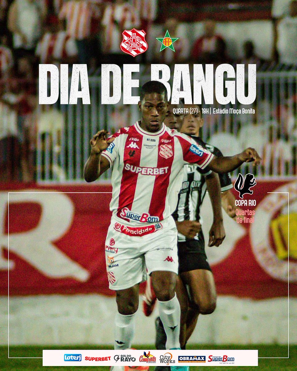 🇵🇱 É dia de Bangu! É dia de Copa Rio! #CadaJogoUmaFinal 

🆚 Portuguesa
🕒 18h
🏟️ Estádio Moça Bonita
🏆 Copa Rio
🕹️ Quartas de final - ida
📺 Cariocão TV