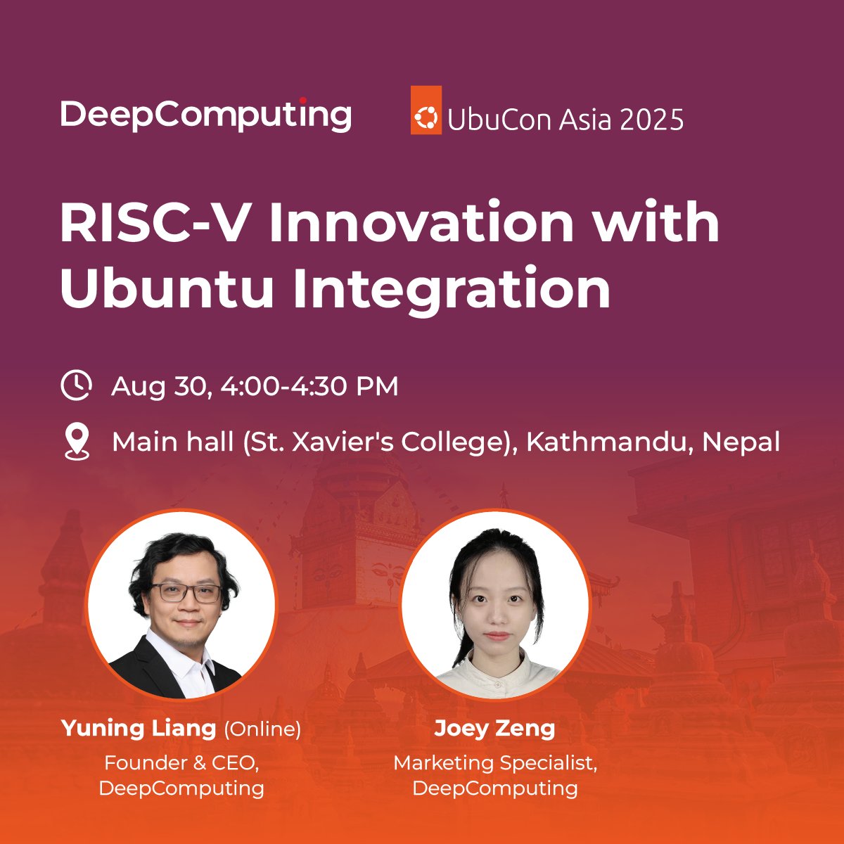 #UbuConAsia is almost here!

Catch <a href="/joeyzeng_/">JoeyZeng</a> &amp; <a href="/Yuning_XC5/">YN</a> (Online) sharing DeepComputing’s RISC-V Innovation with Ubuntu Integration, and come to DeepComputing's booth to explore how open hardware and open software come together!

#UbuConAsia #riscv #Ubuntu #OpenSource