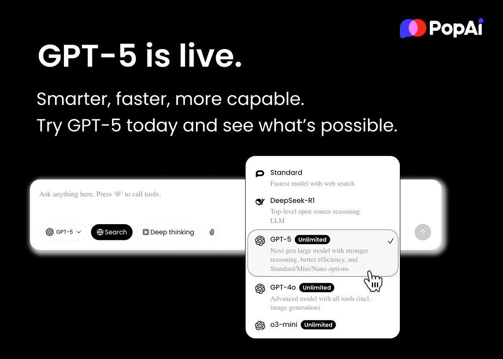 GPT-5 is now live and powering PopAi.
Smarter, faster, more capable.
👉Try GPT-5 at popai.pro and see what’s possible. 
#AI #AItools #PopAi #ChatGPT #agent #productivity #GPT5 #OpenAI