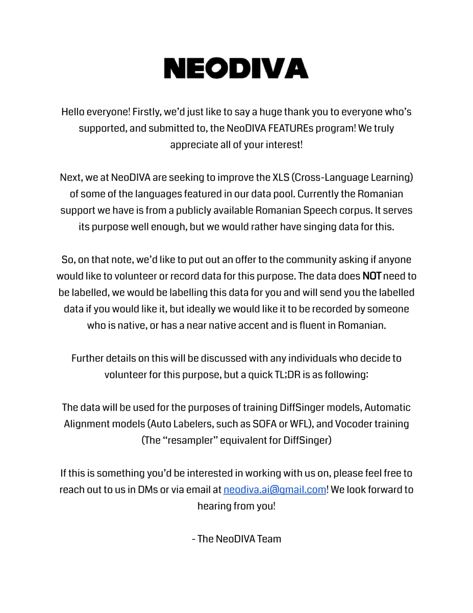neodiva_vs's tweet image. An announcement from the NeoDIVA Team regarding Romanian support.

#DiffSinger #NeoDIVA #VocalSynth
