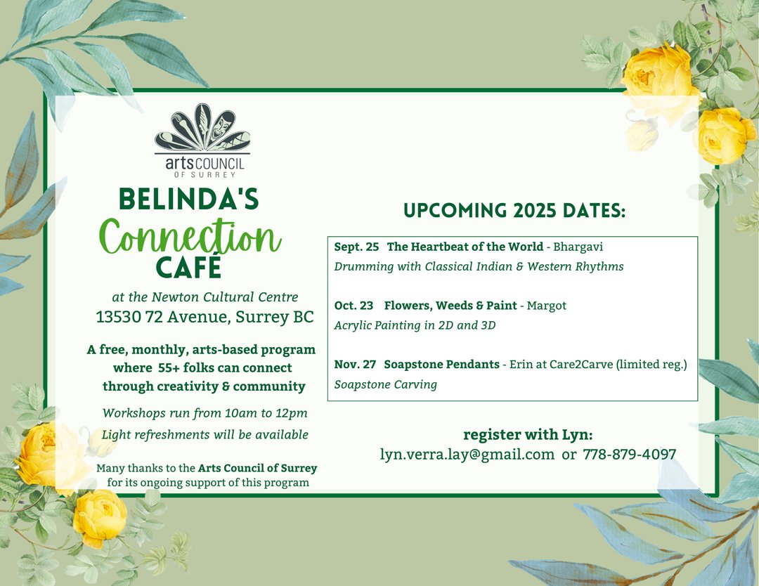 ACS RECOMMENDED...#artnews | Belinda's Connection Cafe offers their FALL 2025 line-up for 55+. Register fast as space is limited....next 'connection' is Sep 25 'The Heartbeat of the World'...drumming #workshop
 
 #classicalindia #creative #community