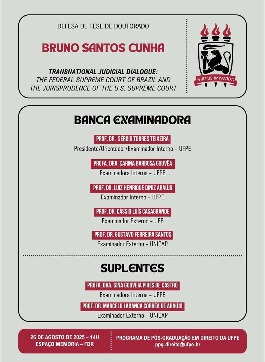 🎓📚 Hoje defendi minha tese de doutorado em Direito na UFPE e finalizei um ciclo de 4 anos intenso, mas muito gratificante.
Pesquisei como o STF utiliza os precedentes da U.S. Supreme Court em sua rotina decisória, analisando de forma quantitativa e qualitativa um período de 25