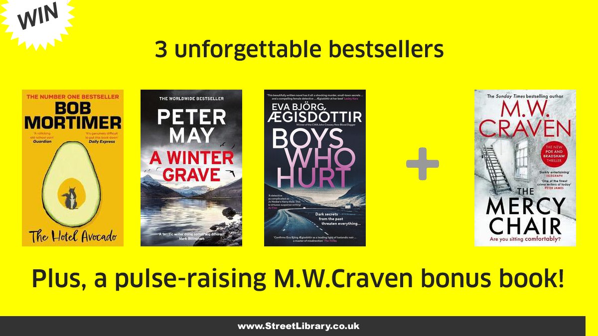 #WIN books by <a href="/RealBobMortimer/">bob mortimer</a> <a href="/authorpetermay/">Peter May</a> <a href="/evaaegisdottir/">Eva Björg Ægisdóttir</a> &amp; <a href="/MWCravenUK/">M.W. Craven</a>

1⃣ Follow
2⃣ RT
3⃣ Tag friends in reply (each tag = 1 entry)

Ends 2 Sept. UK only. Random.

StreetLibrary.co.uk is sponsored by <a href="/dotscotregistry/">dotScot Registry</a> 💚

[Book images courtesy of Waterstones &amp; Orenda]