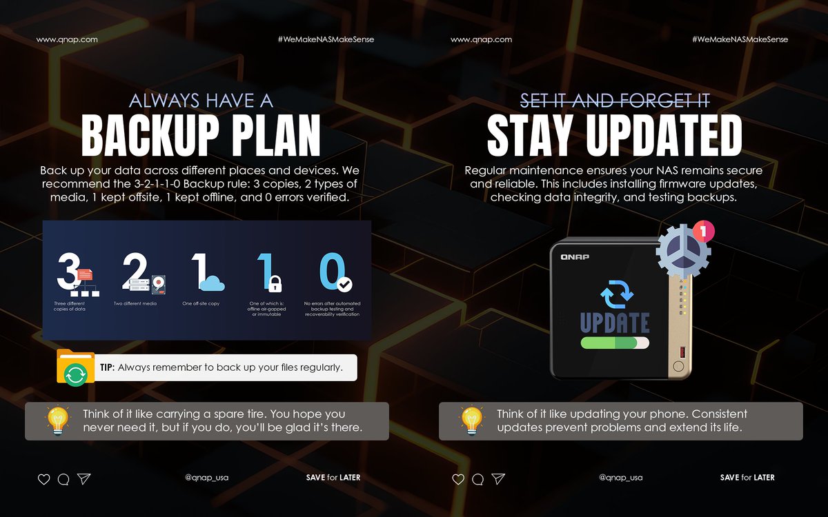 Tech Tip Tuesday: Lock Them Out Before They Lock You Out

📸 Snapshots = instant rollbacks
💾 Backups = Plan B for your data
⚙️ Maintenance = updates, checks, &amp; peace of mind

#QNAP #TechTipsTuesday