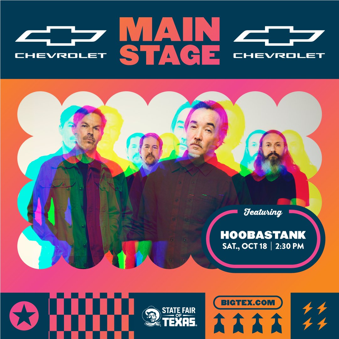 StateFairOfTX's tweet photo. Sound the alarms! @Hoobastank is taking over the @Chevrolet Main Stage on Saturday, October 18 at 2:30 p.m.! 🎤🔥 FREE with your State Fair ticket! #ChevyMainStage https://t.co/lVrV2tQvIH